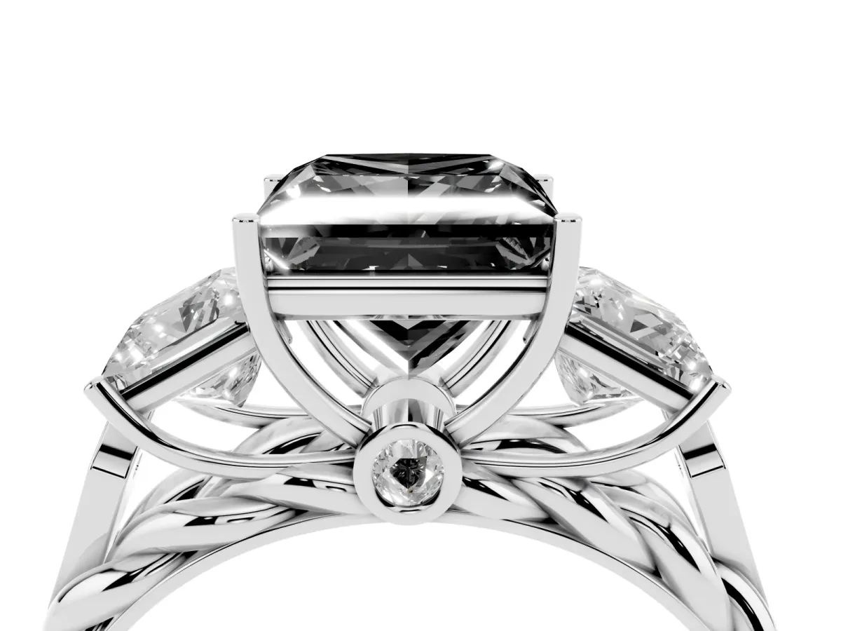 Fancy Black Three-Stone Princess Cut Diamond Braided Band Ring with Four-Prong Setting Platinum