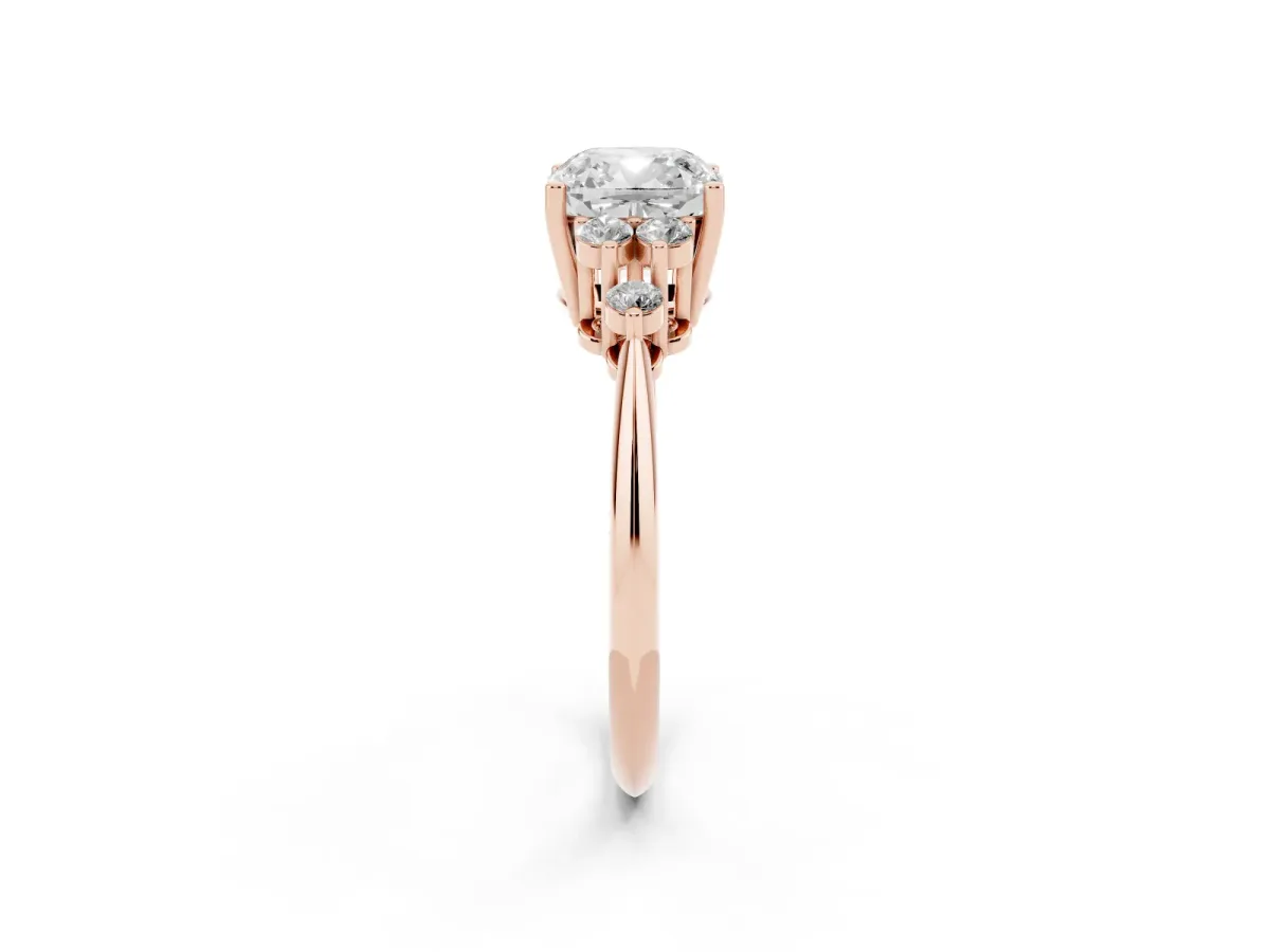 Cushion Cut Cut Diamond Cluster Ring with Solitaire Band and Four-Prong Setting Rose gold