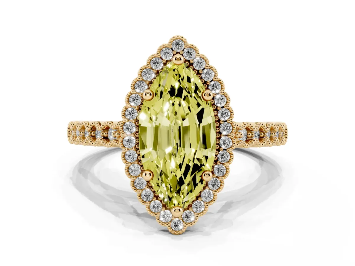 Fancy Yellow Marquise Cut Cut Halo Pavé Solitaire Ring with Milgrain Band Yellow gold