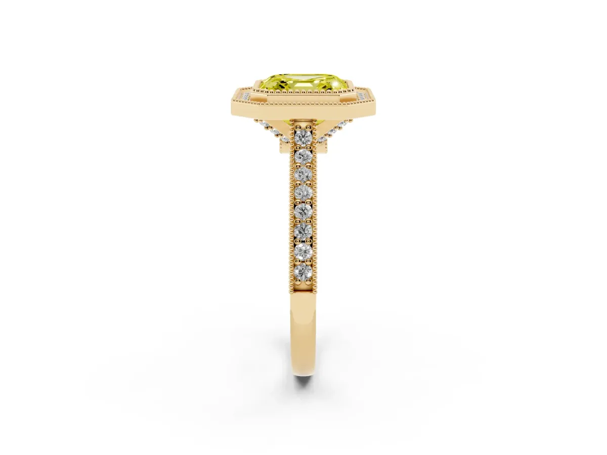 Fancy Yellow Halo Asscher Cut-Cut Diamond Pave Band Milgrain Prong Setting Ring Yellow gold