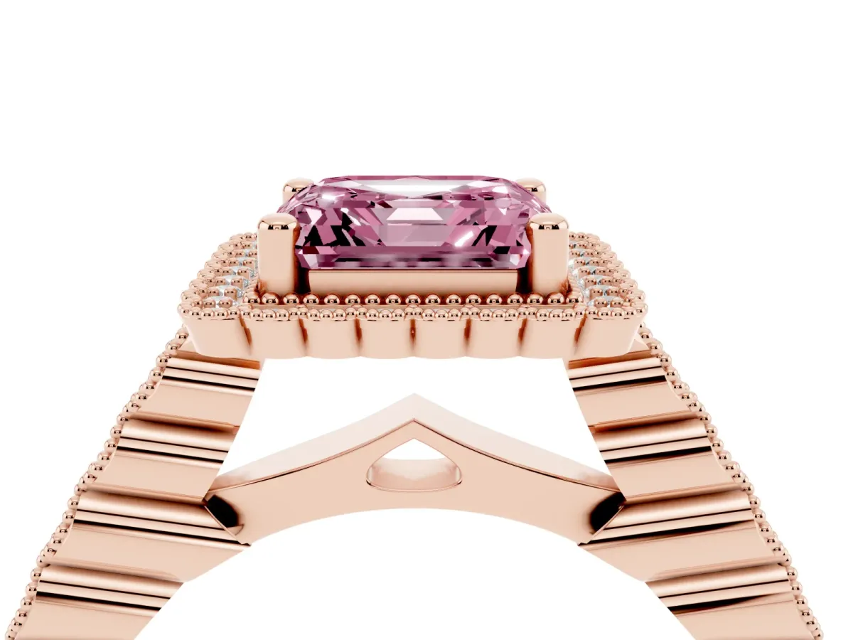 Fancy Pink Asscher Cut Cut Halo Pavé Solitaire Ring with Milgrain Band Rose gold