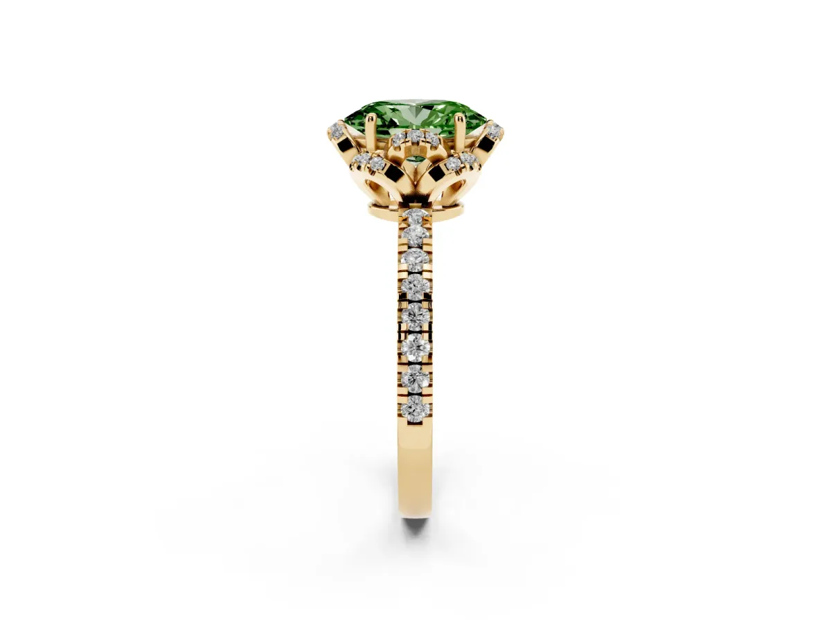 Fancy Green Oval Cut Diamond Halo Pave Band with Four-Prong Setting Yellow gold