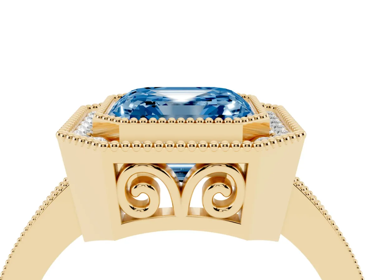 Fancy Blue Asscher Cut Cut Halo Diamond Ring with Pavé Band and Milgrain Prong Setting Yellow gold