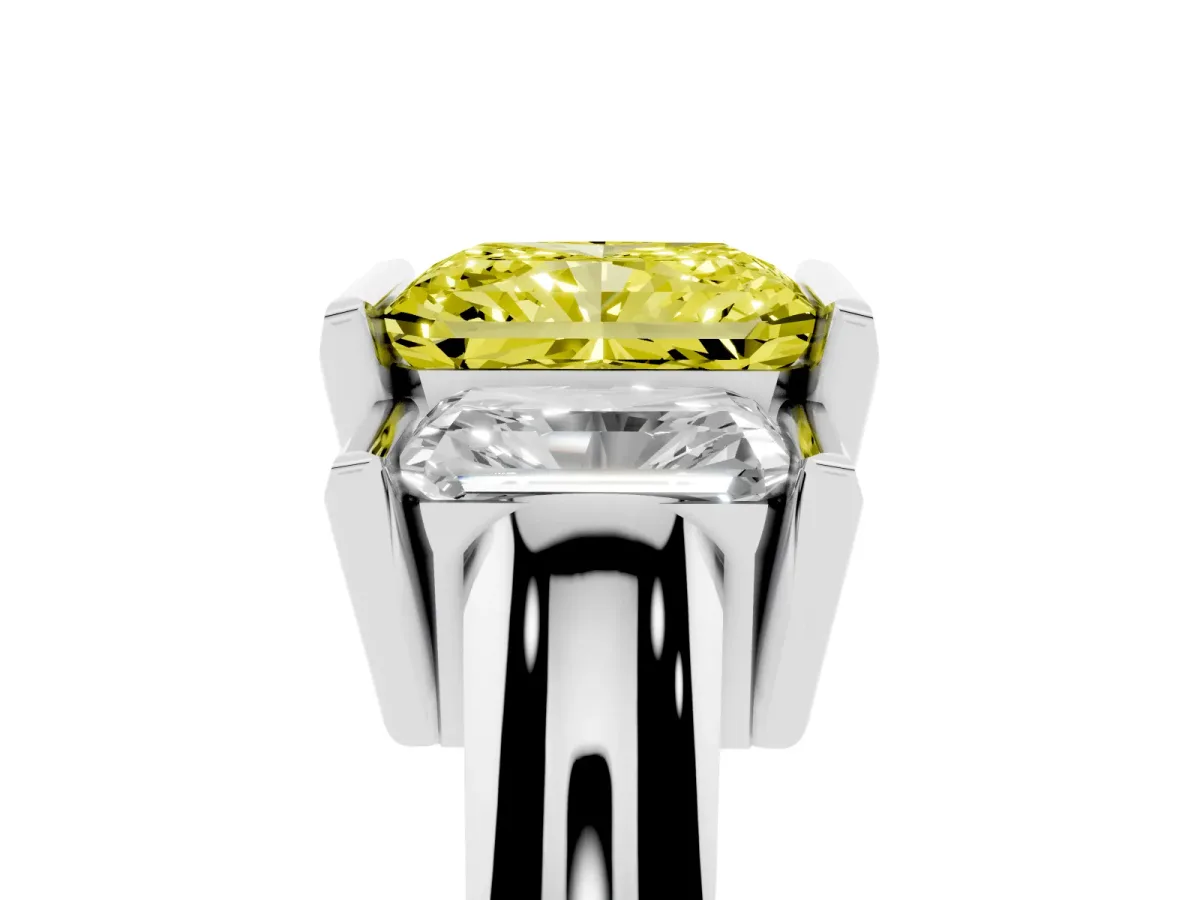 Fancy Yellow Three Stone Radiant Cut Cut Channel Set Diamond Ring Silver