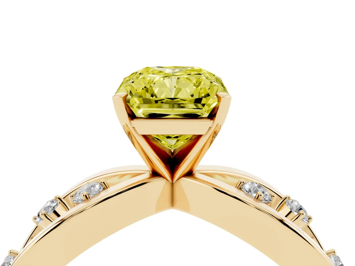 Fancy Yellow Radiant Cut Cut Solitaire Diamond with Side Stones on Criss-Cross Band and Four-Prong Setting Yellow gold