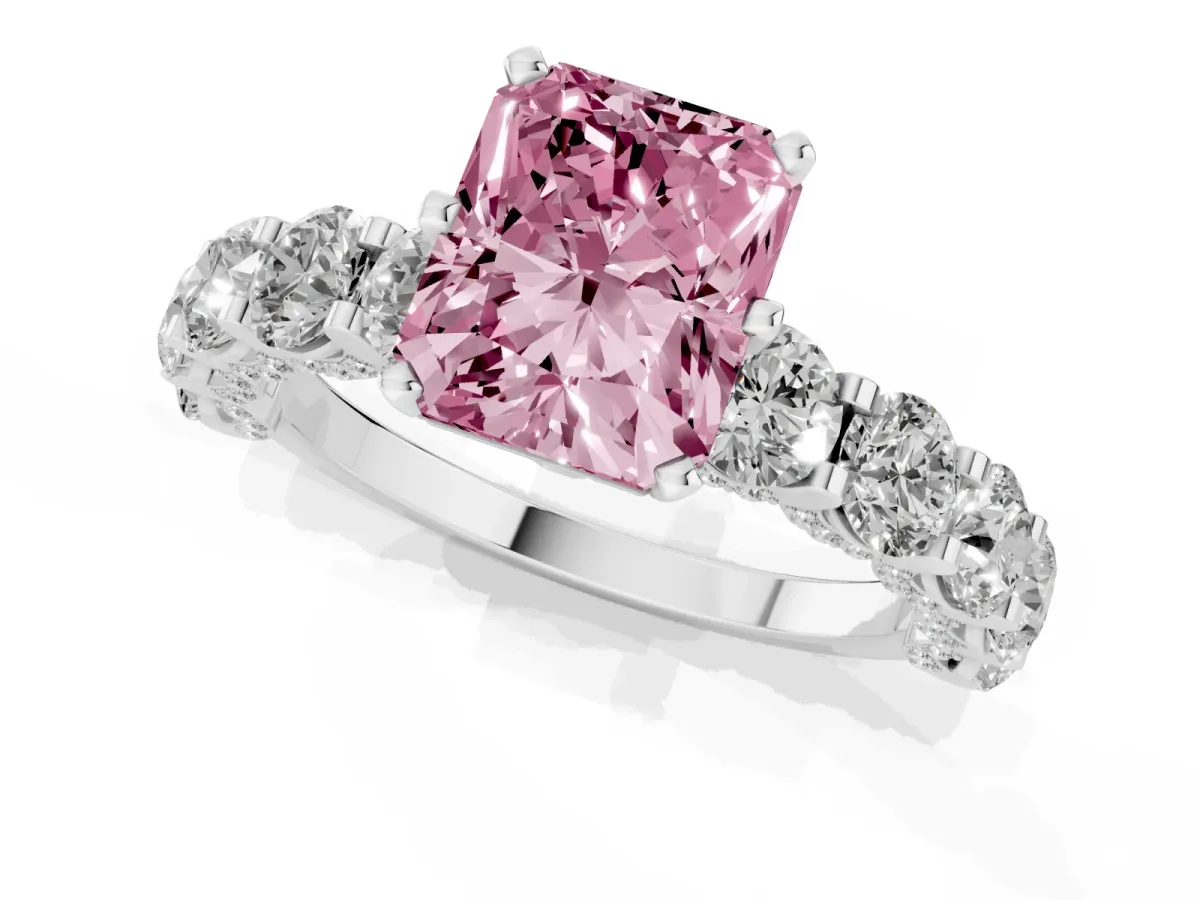 Fancy Pink Radiant Cut Diamond Side Stone Engagement Ring with Four-Prong Setting Silver
