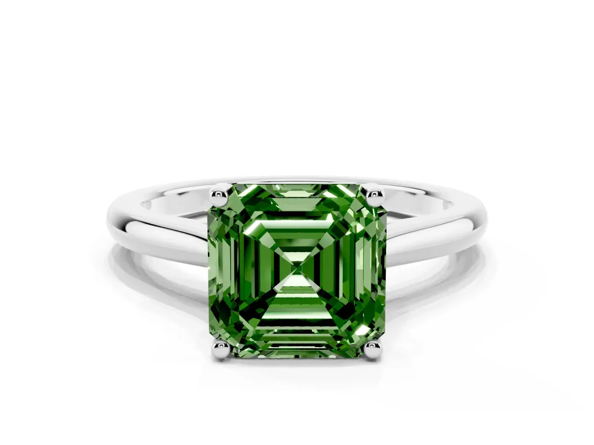 Fancy Green Asscher Cut Cut Solitaire Ring with Cathedral Band and Four-Prong Setting Platinum