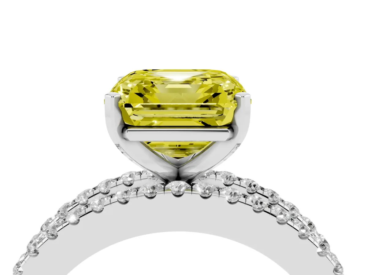Fancy Yellow Asscher Cut Diamond Solitaire Ring with Pavé and Channel Set Band Silver