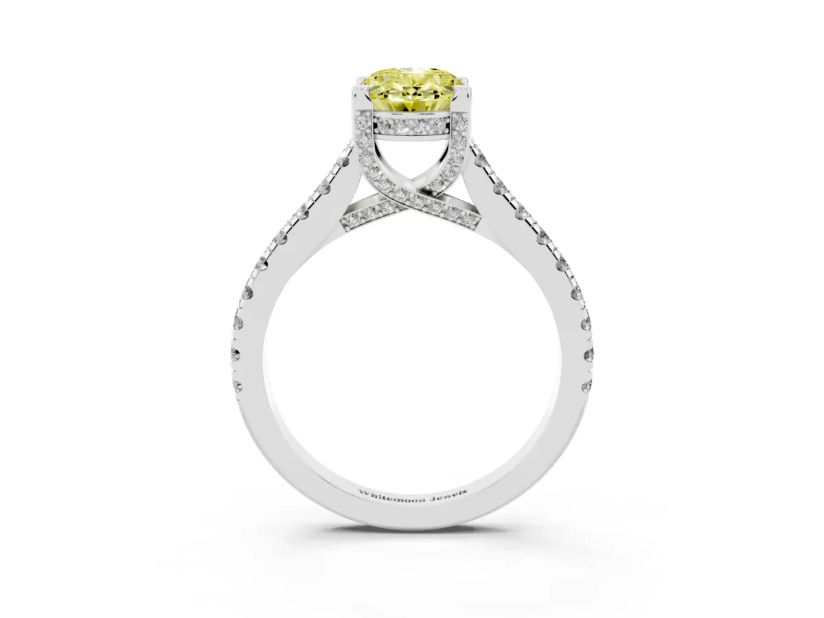 Fancy Yellow Oval Cut Brilliant Diamond Solitaire with Pavé Band and Four-Prong Setting Silver