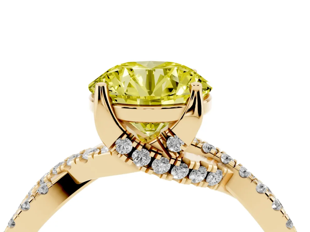 Fancy Yellow Round Cut Solitaire Twist Pave Diamond Engagement Ring with Prong Setting Yellow gold