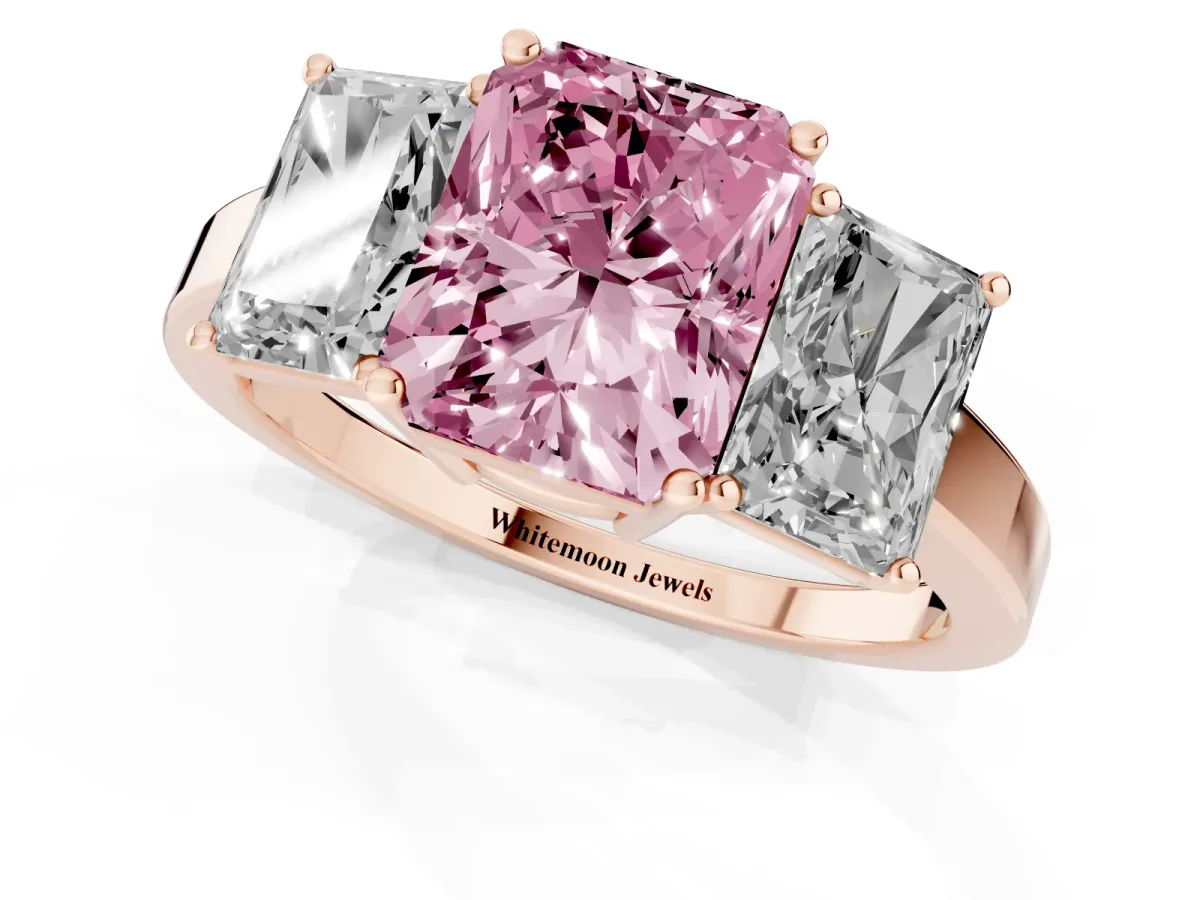 Fancy Pink Three-Stone Radiant Cut Cut Diamond Engagement Ring with Flat Band and Four-Prong Setting Rose gold