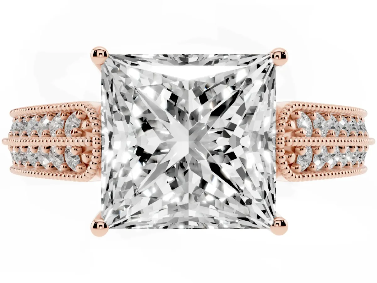 Princess Cut Cut Pave Split Shank Engagement Ring with Four-Prong Setting Rose gold