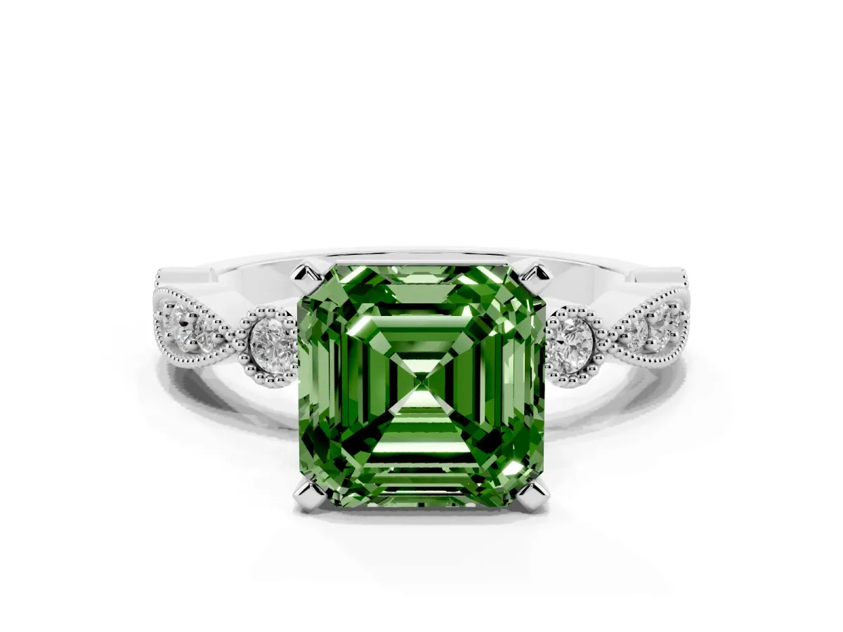 Fancy Green Asscher Cut Milgrain Bezel Diamond Engagement Ring with Solitaire Prong Setting Silver