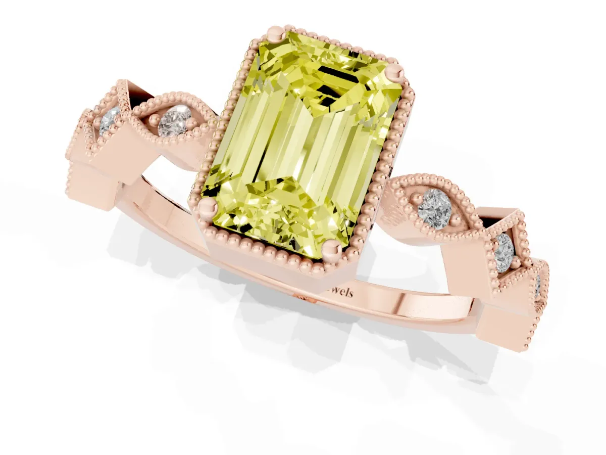 Fancy Yellow Emerald Cut Milgrain Marquise Diamond Twist Band Ring Rose gold