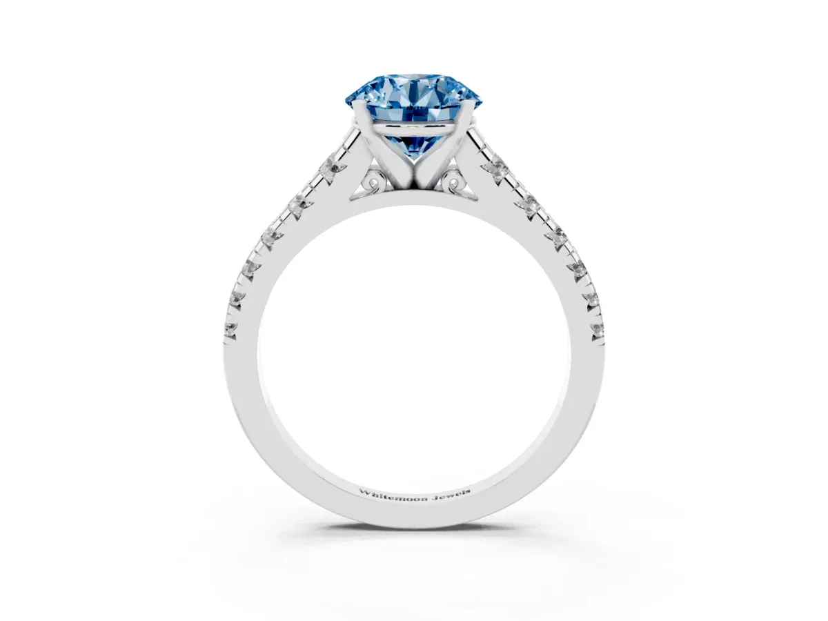 Fancy Blue Round Cut Diamond Cathedral Solitaire Ring with Round Pavé Band Silver
