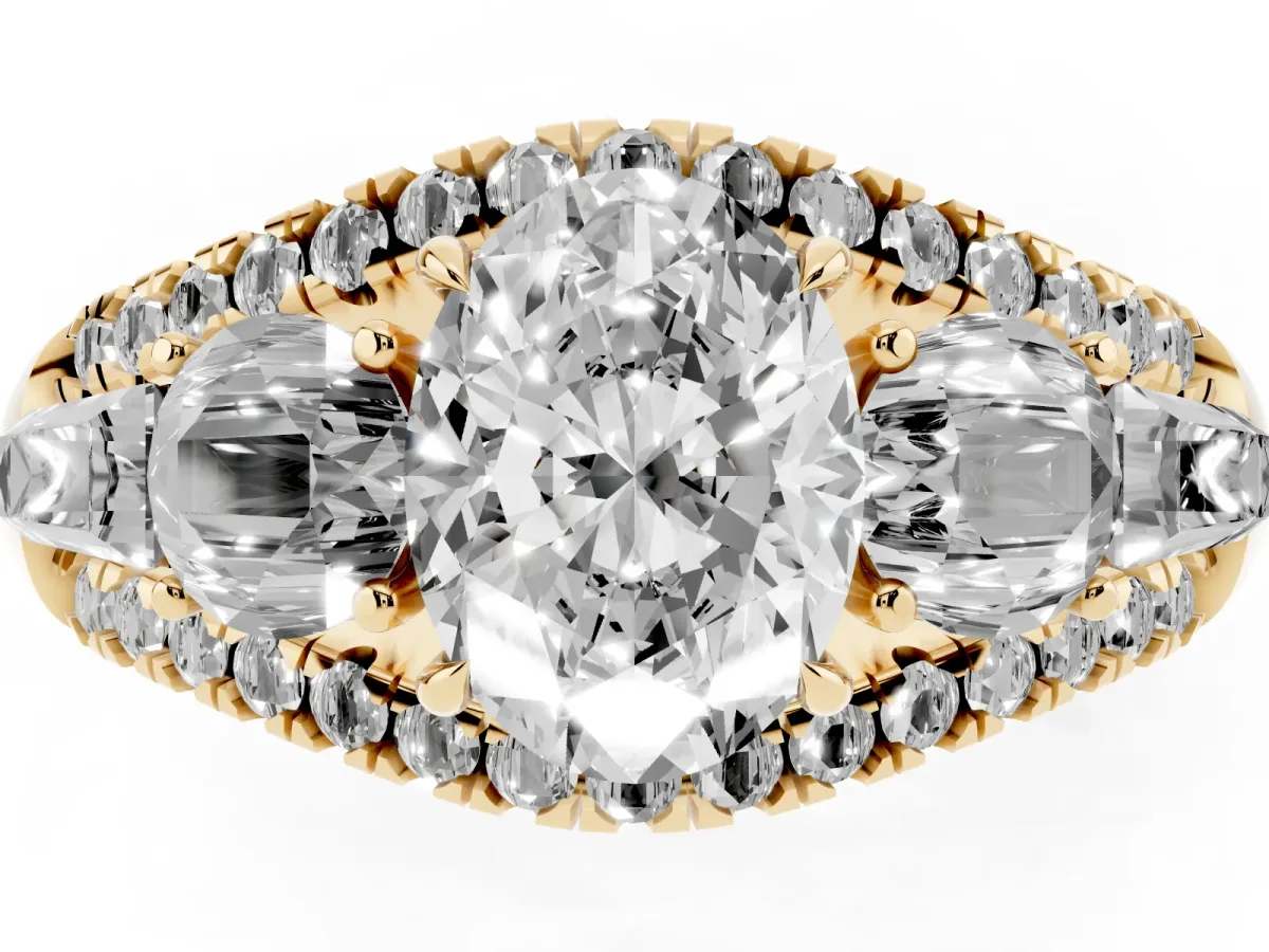 Three-Stone Oval Cut Diamond Engagement Ring with Pave Band and Prong Setting Yellow gold