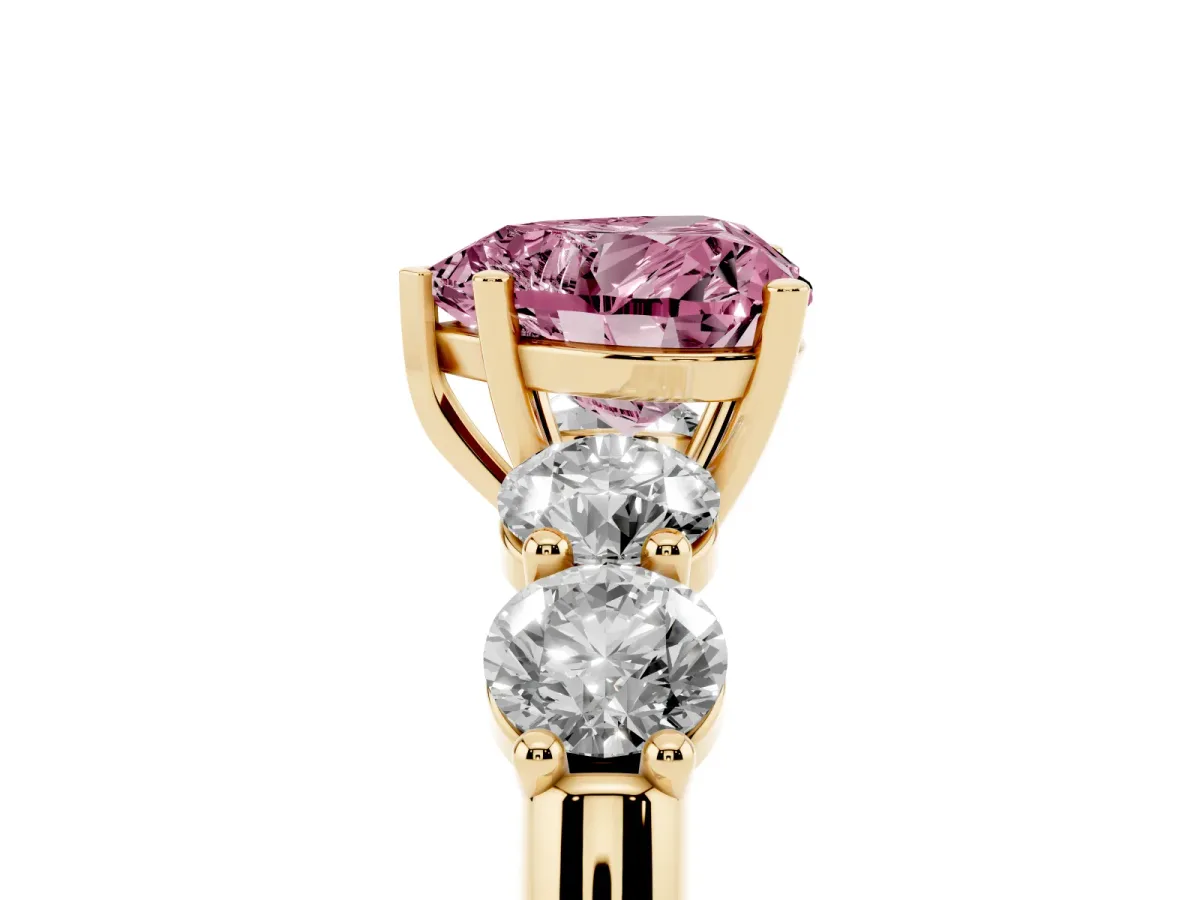 Fancy Pink Heart Cut Cut Five-Stone Prong Set Diamond Ring with Classic Band Yellow gold