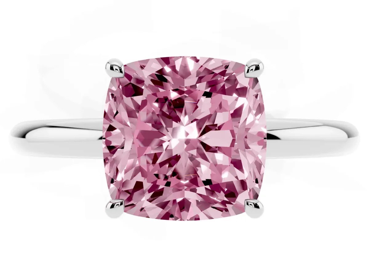 Fancy Pink Cushion Cut Diamond Solitaire Ring with Thin Band and Four-Prong Setting Platinum