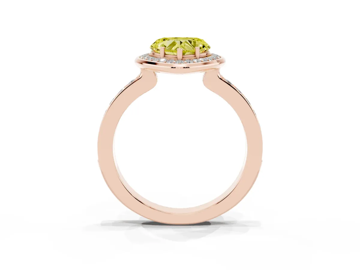 Fancy Yellow Heart Cut Diamond Halo Ring with Bezel Frame and Pavé Band Rose gold