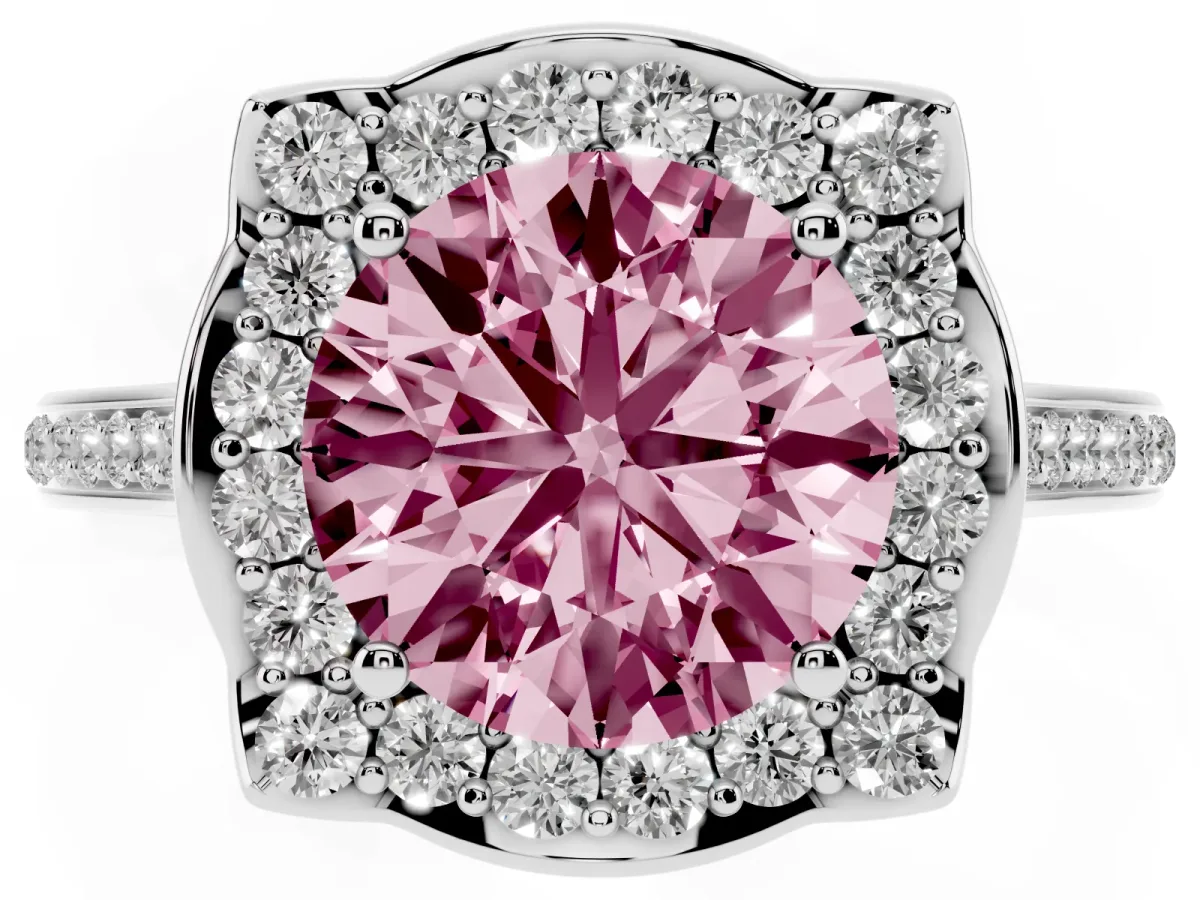 Fancy Pink Round Cut Halo Round Diamond Pave Band with Four-Prong Setting Silver