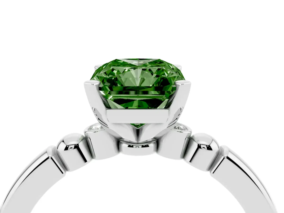 Fancy Green Radiant Cut Solitaire Beaded Band with Four-Prong Setting Silver