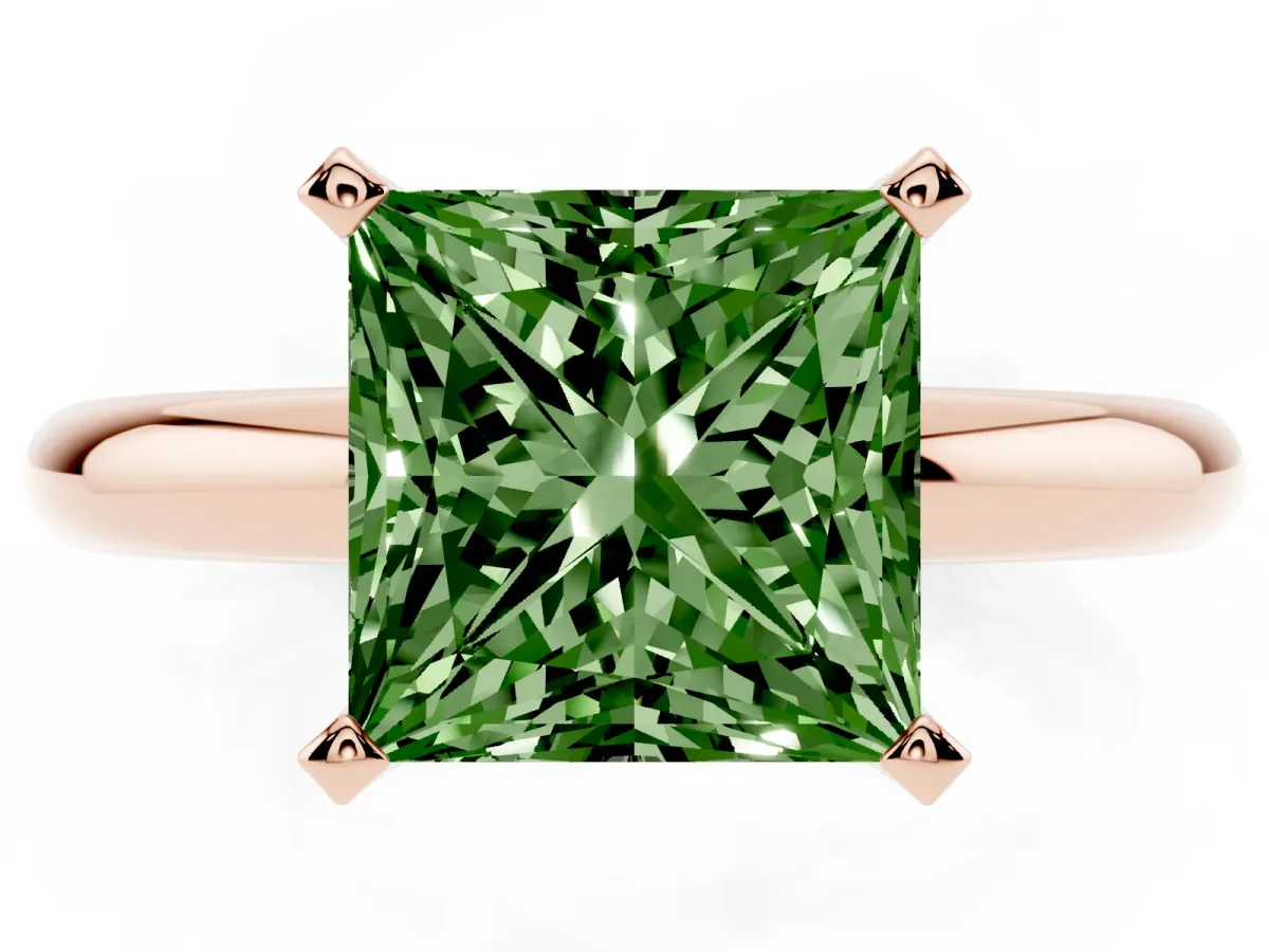 Fancy Green Princess Cut Diamond Solitaire Engagement Ring with Round Band and Four-Prong Setting Rose gold