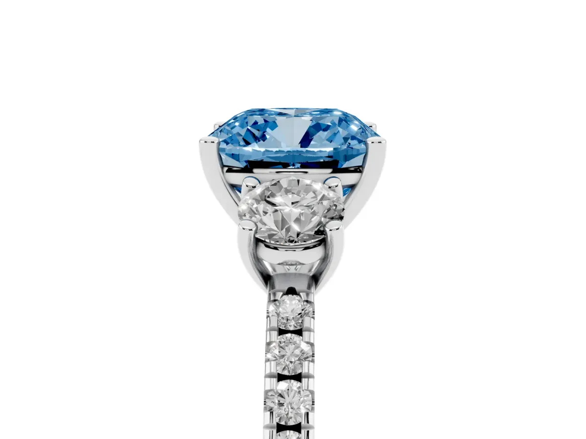 Fancy Blue Three-Stone Cushion Cut Cut Diamond Pavé Band with Prong Setting Platinum