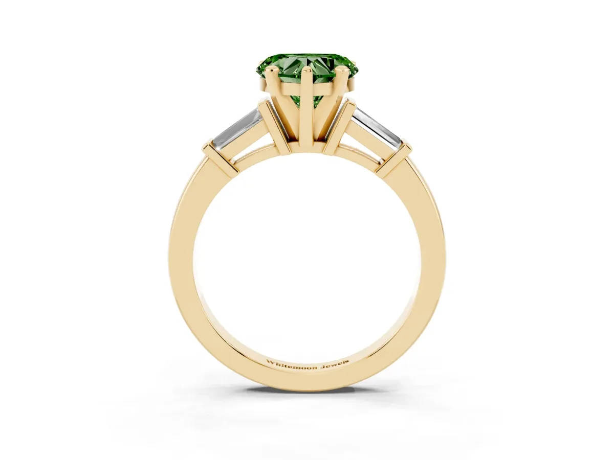 Fancy Green Heart Cut Cut Diamond Solitaire Ring with Tapered Baguette Accents and Four-Prong Setting Yellow gold