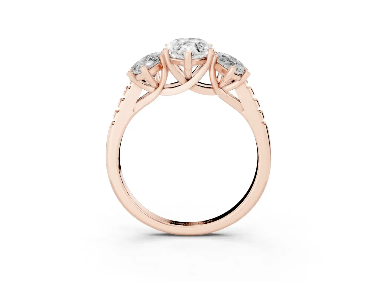 Three-Stone Marquise Cut Diamond Ring with Round Pavé Band and Prong Setting Rose gold