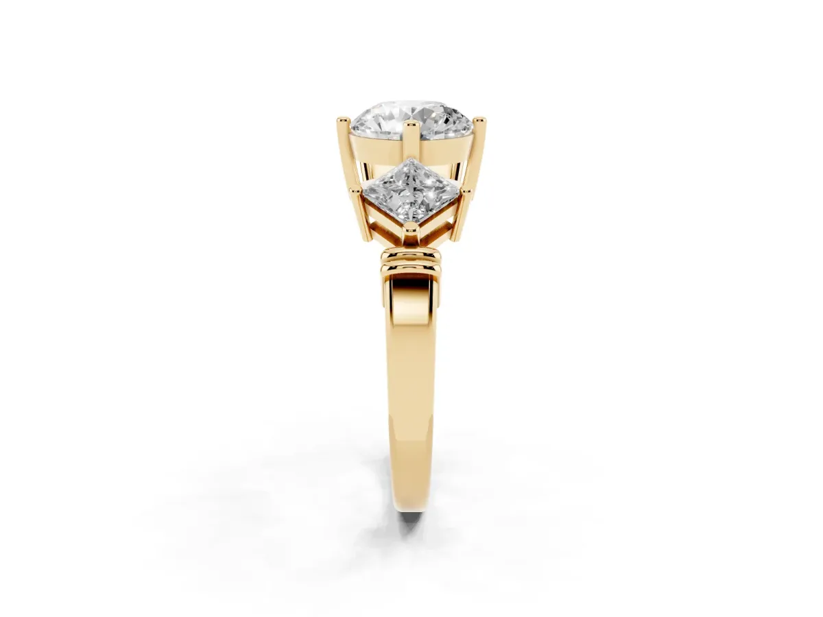Three-Stone Round Cut and Princess Cut Diamond Ring with Channel Band and Four-Prong Setting Yellow gold