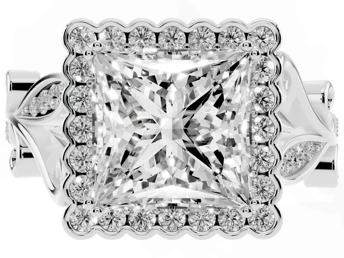 Princess Cut Diamond Halo Ring with Vintage Split Shank and Four-Prong Setting Silver
