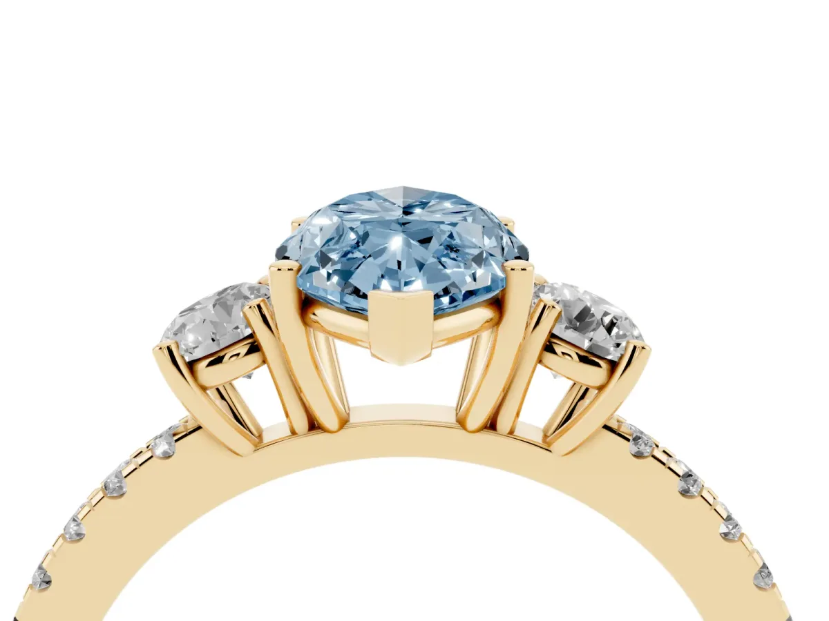 Fancy Blue Three-Stone Marquise Cut Cut Diamond Pavé Band with Prong Setting Yellow gold