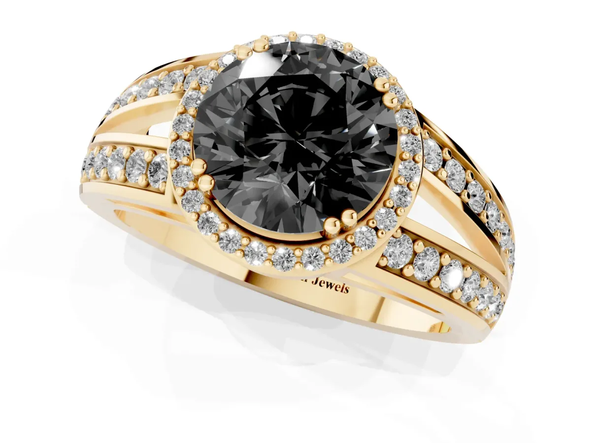 Fancy Black Round Cut Diamond Halo Ring with Split Shank Pavé Band and Four-Prong Setting Yellow gold