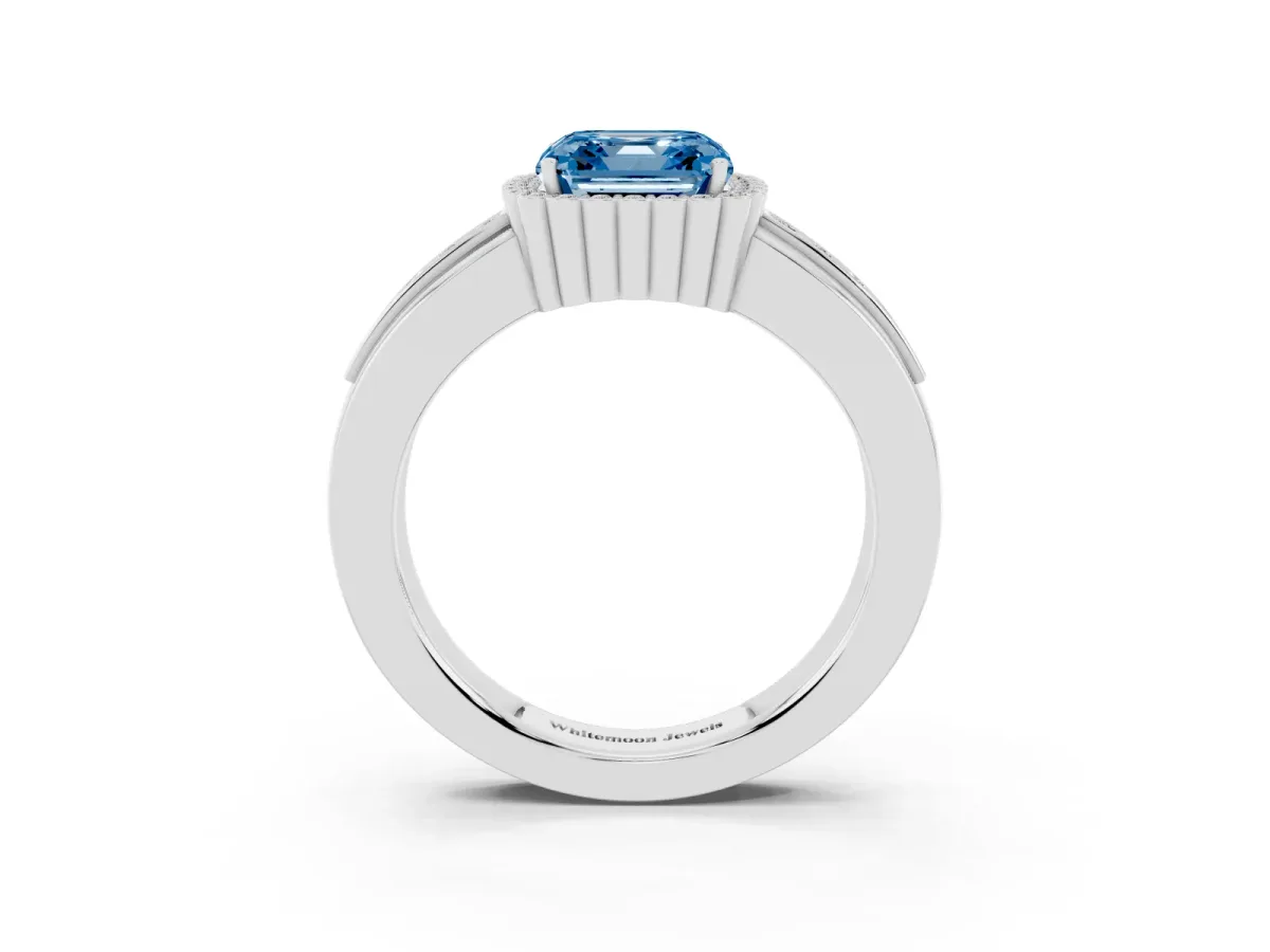 Fancy Blue Asscher Cut Cut Halo Pave Band Four-Prong Ring Silver