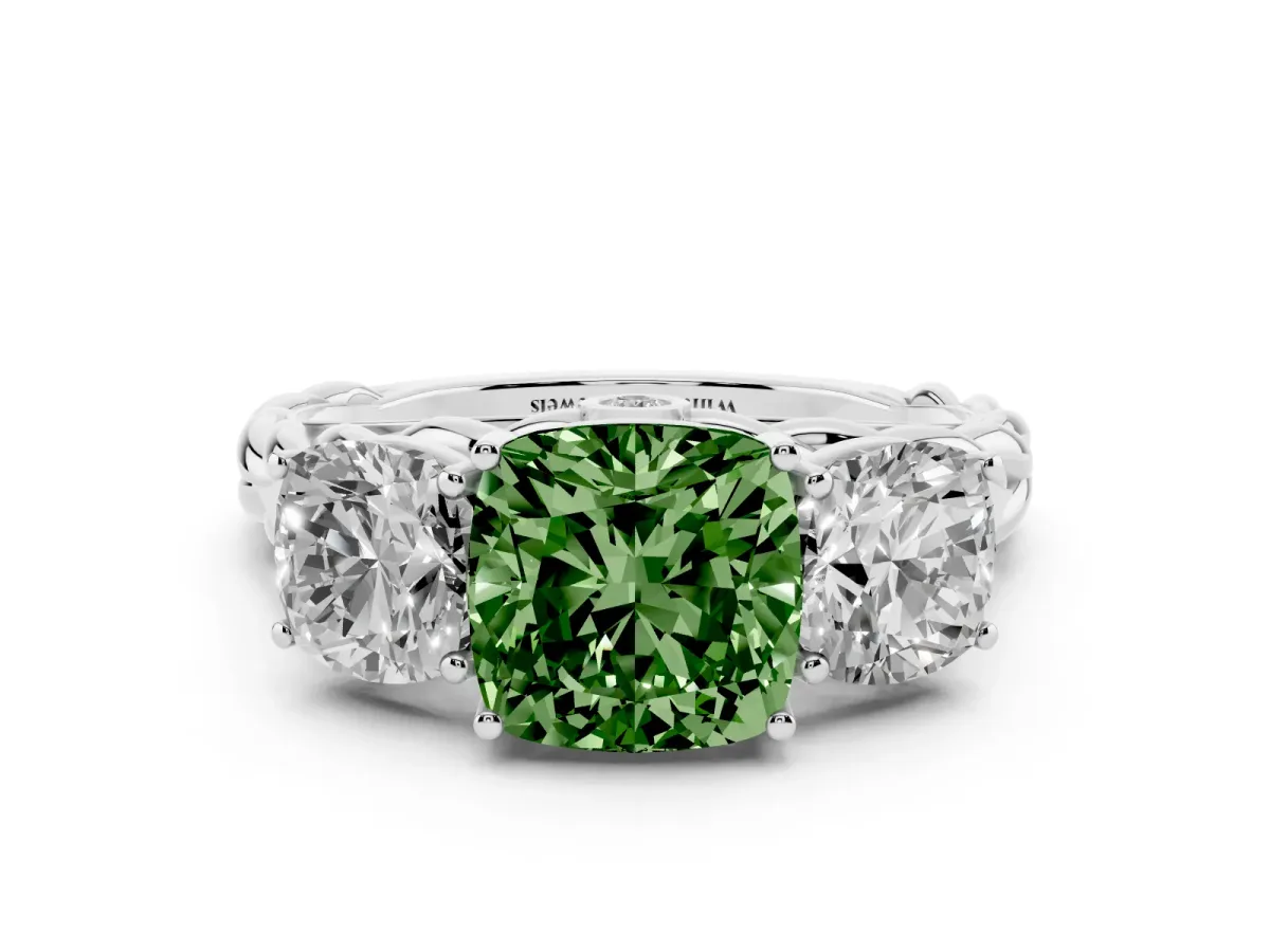 Fancy Green Three-Stone Cushion Cut Diamond Braided Band Ring with Four-Prong Setting Silver