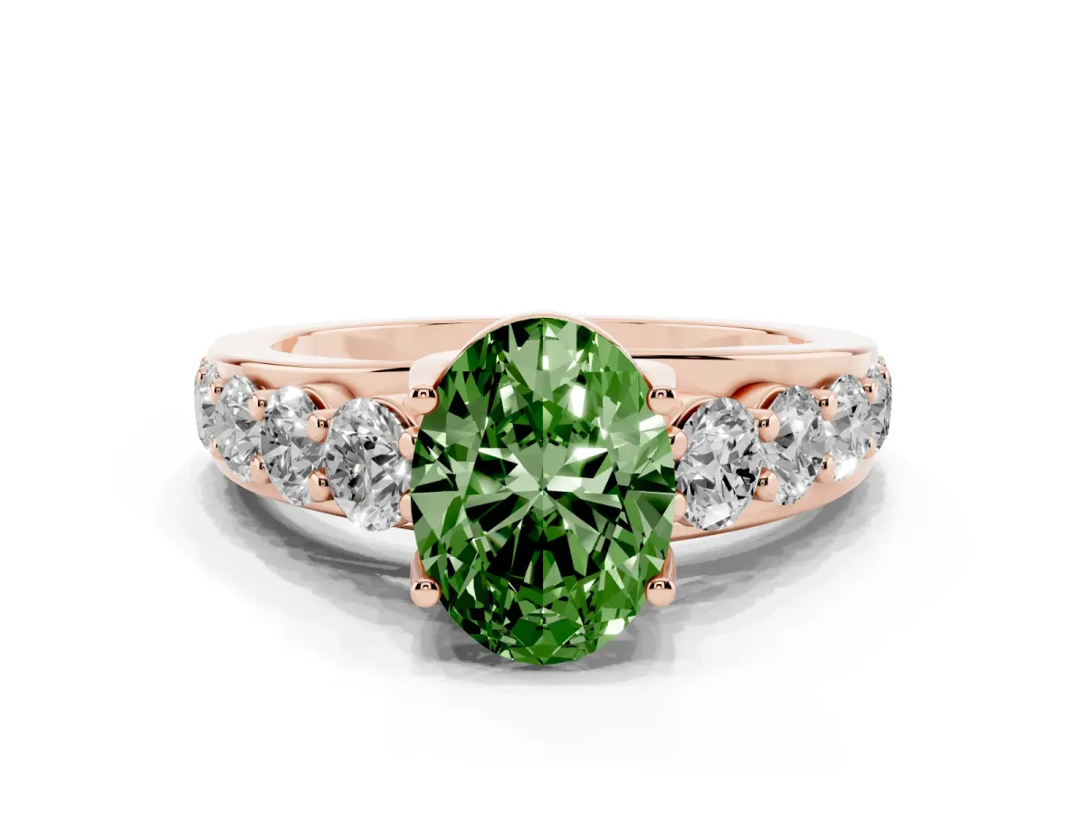 Fancy Green Oval Cut Diamond Engagement Ring with Pavé Band and Four-Prong Setting Rose gold