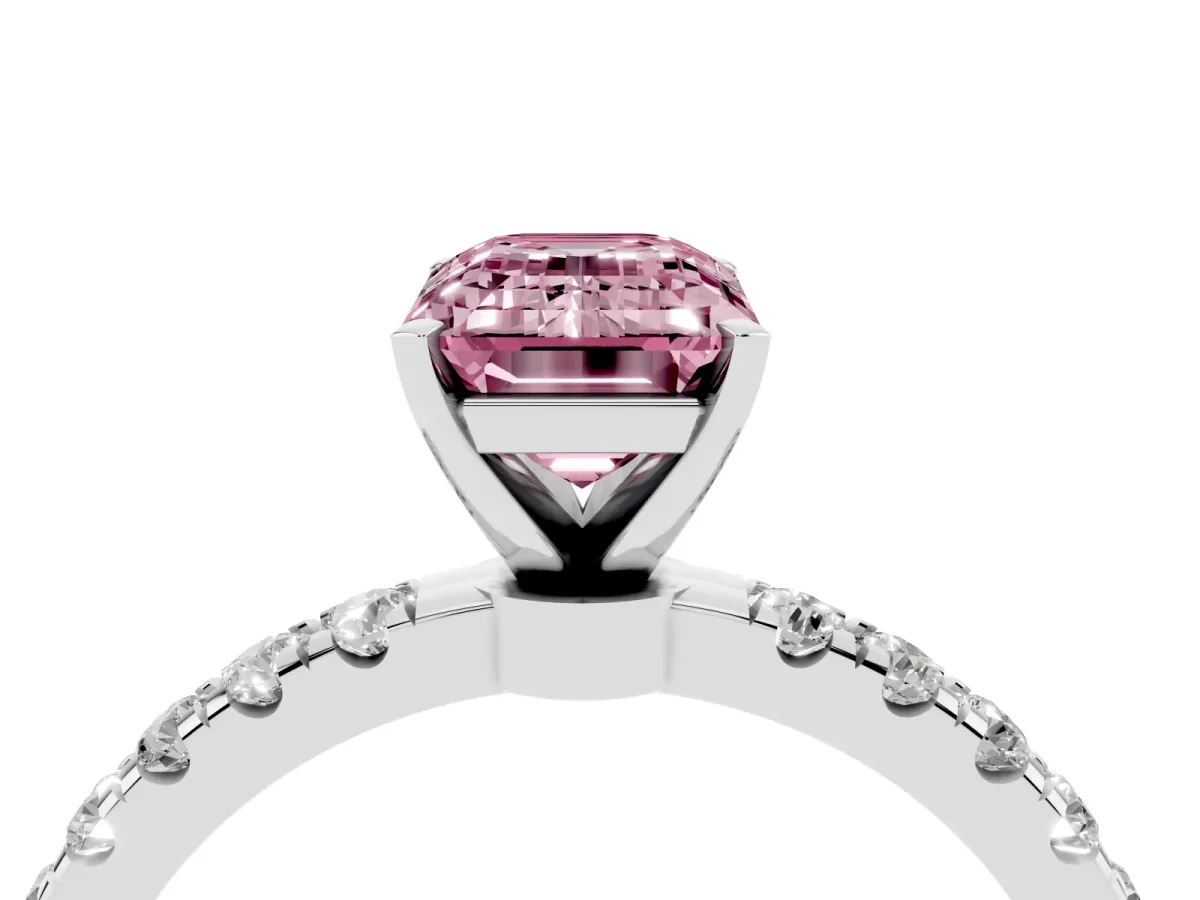 Fancy Pink Emerald Cut Diamond Solitaire Ring with Pavé Accents and Four-Prong Setting Platinum