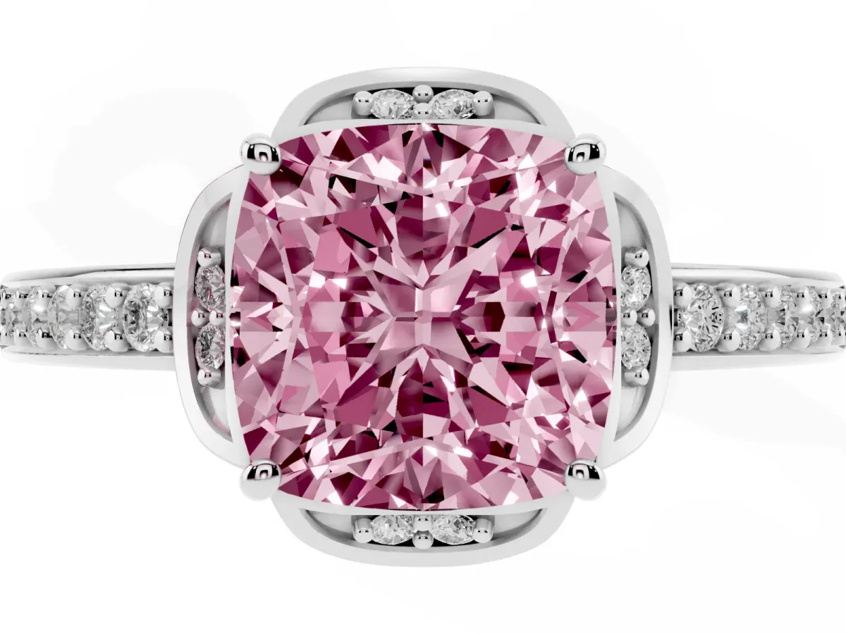 Fancy Pink Cushion Cut Cut Halo Diamond Ring with Channel Set Band and Four-Prong Setting Platinum