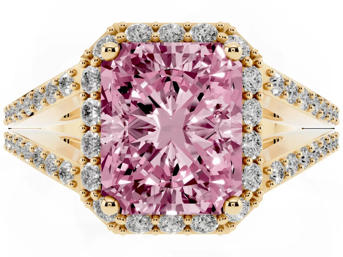 Fancy Pink Radiant Cut Halo Split Shank Diamond Ring with Prong Setting Yellow gold