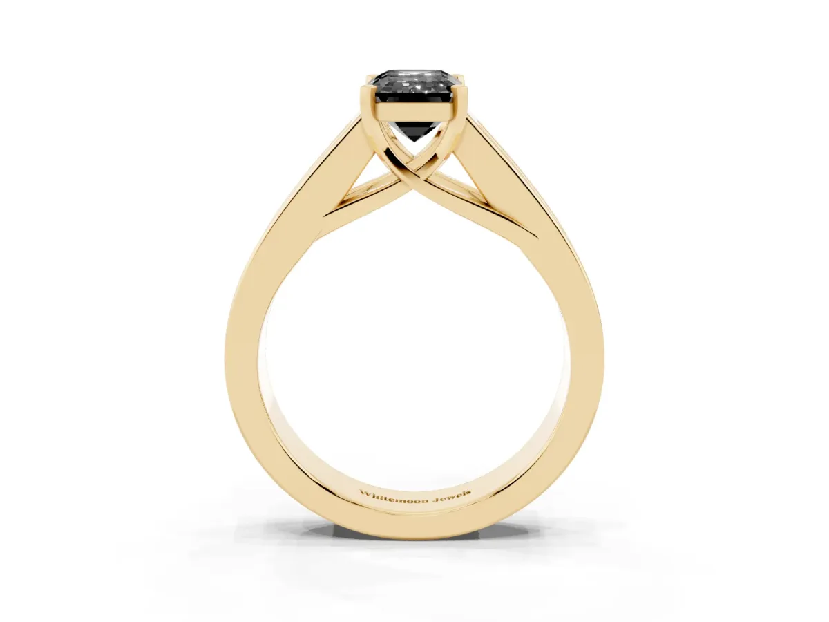 Fancy Black Emerald Cut Cut Channel Set Solitaire Ring with Four-Prong Setting Yellow gold