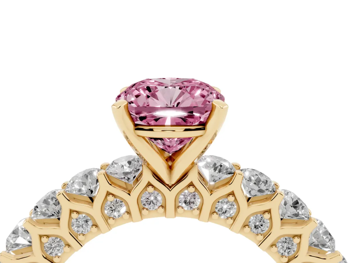 Fancy Pink Cushion Cut Diamond Solitaire Ring with Shared Prong Pavé Band and Four-Prong Setting Yellow gold