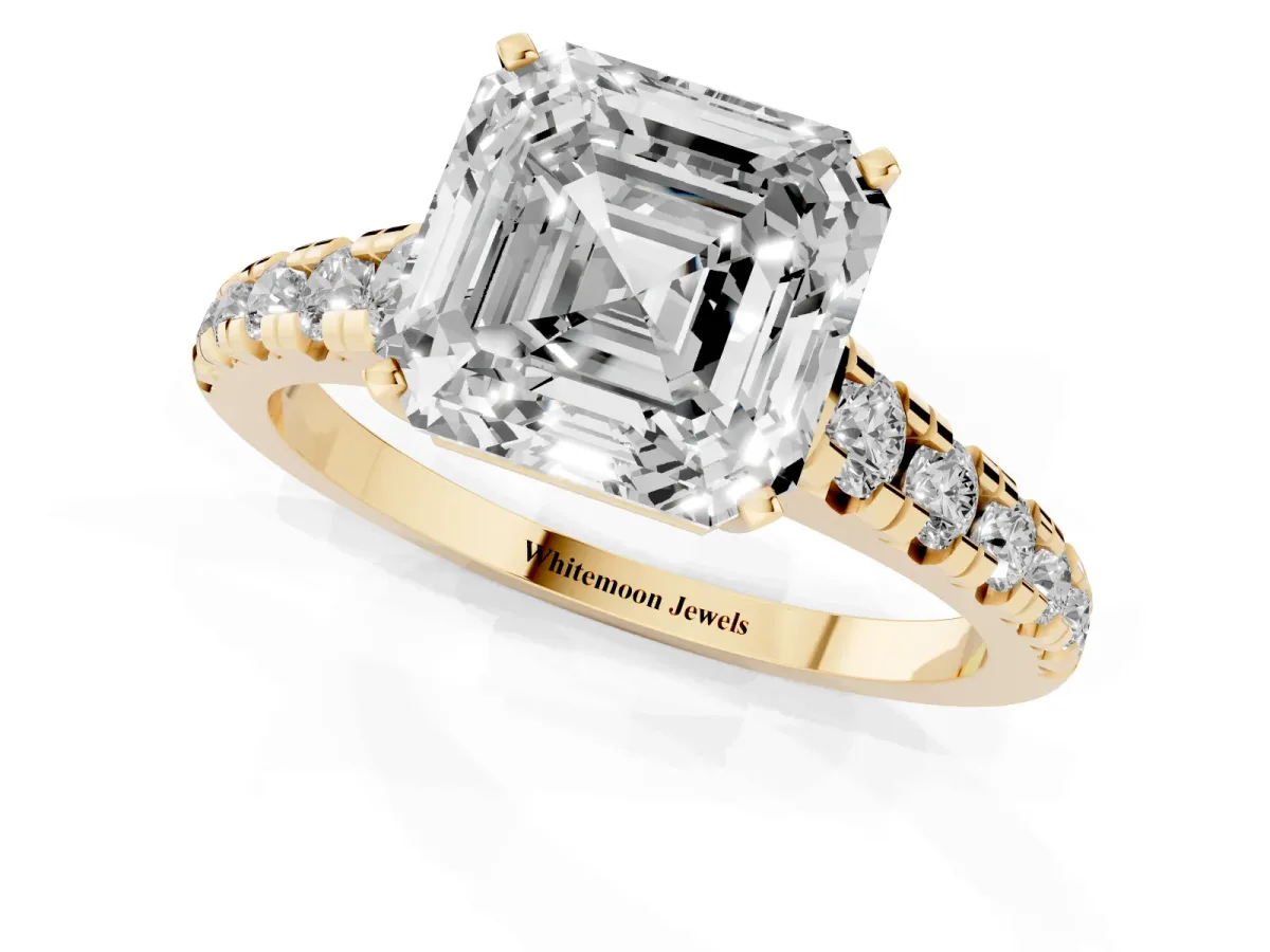Asscher Cut Diamond Cathedral Solitaire Ring with Round Pavé Band Yellow gold