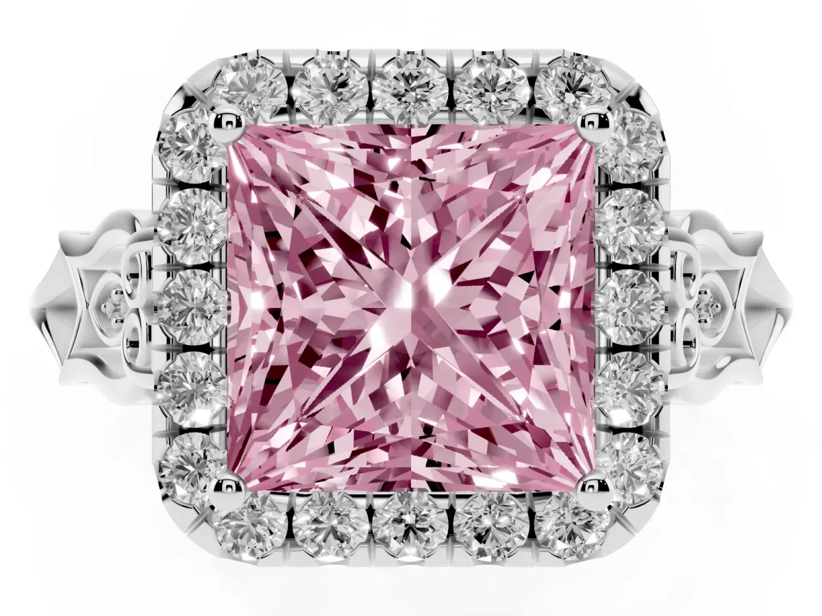 Fancy Pink Princess Cut Halo Diamond Engagement Ring with Filigree Band and Four-Prong Setting Platinum