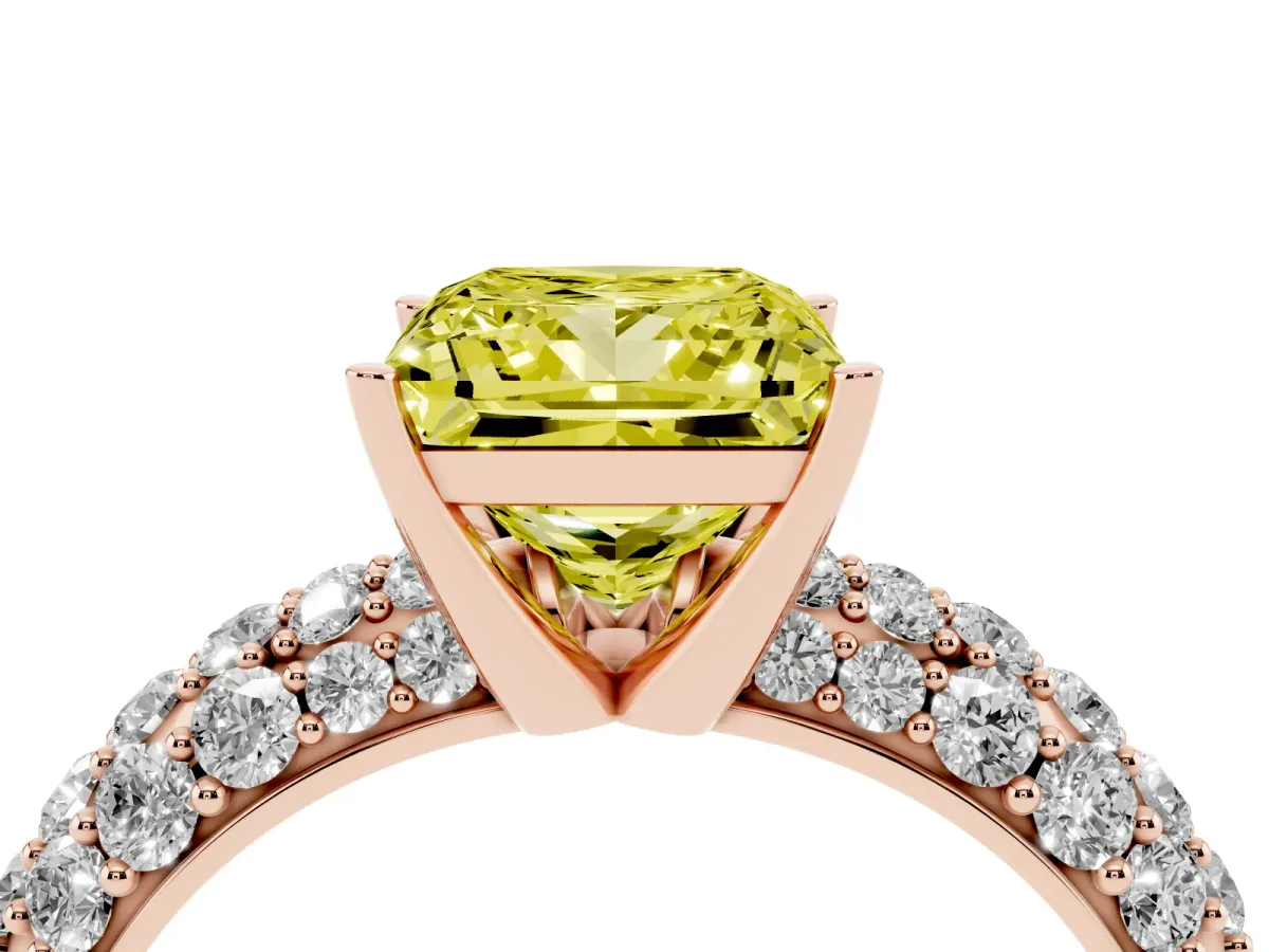 Fancy Yellow Princess Cut Diamond Pavé Band Solitaire Ring with Four-Prong Setting Rose gold