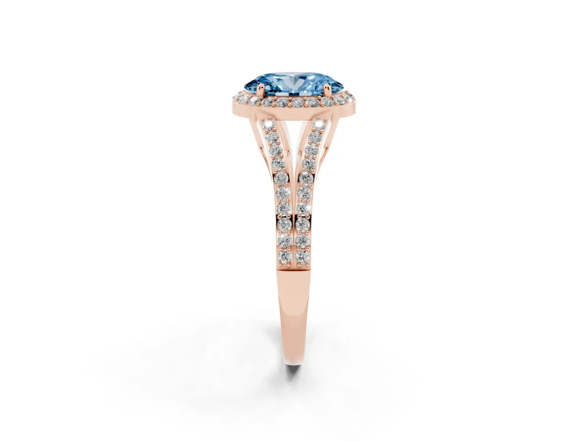 Fancy Blue Oval Cut Halo Split Shank Diamond Ring with Prong Setting Rose gold