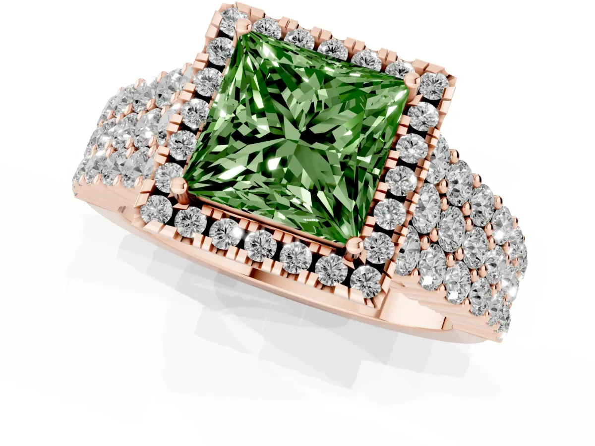 Fancy Green Princess Cut Diamond Halo Engagement Ring with Triple Row Round Pavé Band and Prong Setting Rose gold