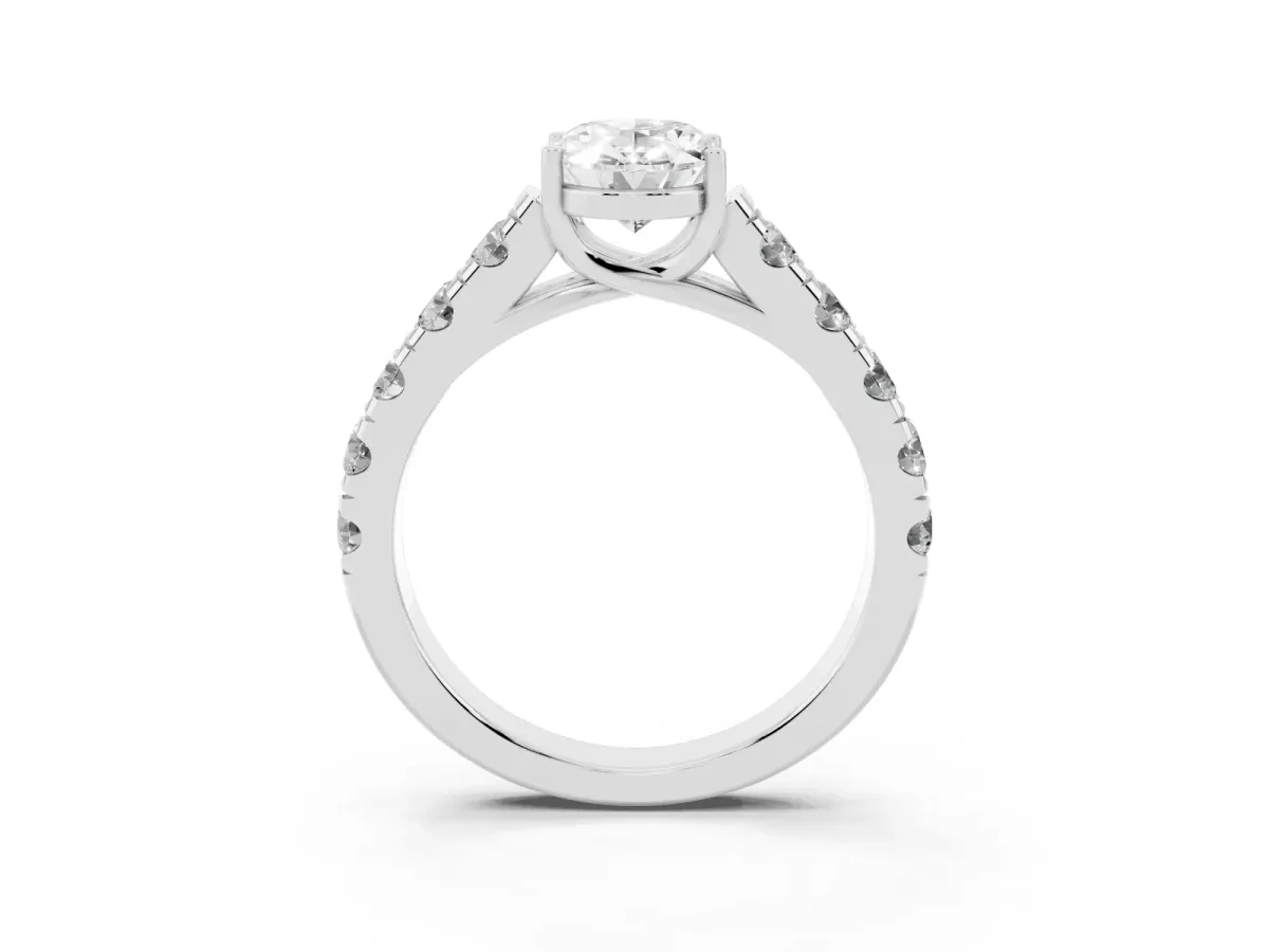 Oval Cut Cut Diamond Solitaire Ring with Micro Pave Band and Prong Setting Platinum