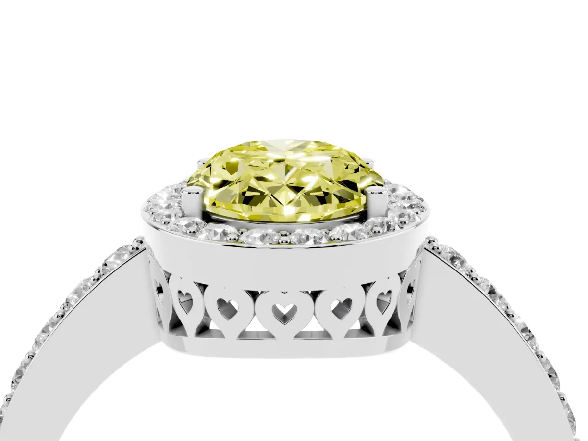 Fancy Yellow Oval Cut Halo Diamond Pavé Band Ring with Prong Setting Silver
