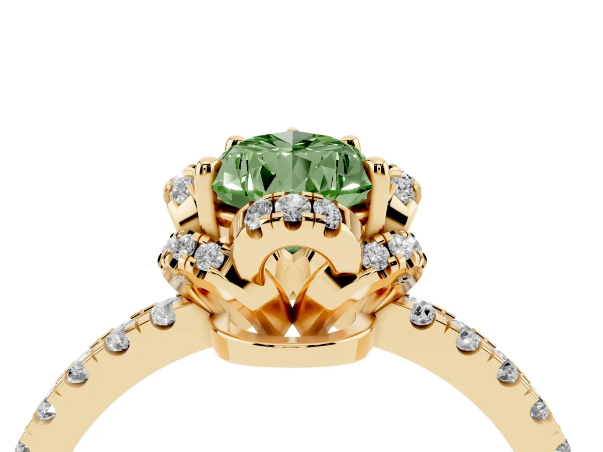 Fancy Green Pear Cut Halo Diamond Pave Band Ring with Four-Prong Setting Yellow gold
