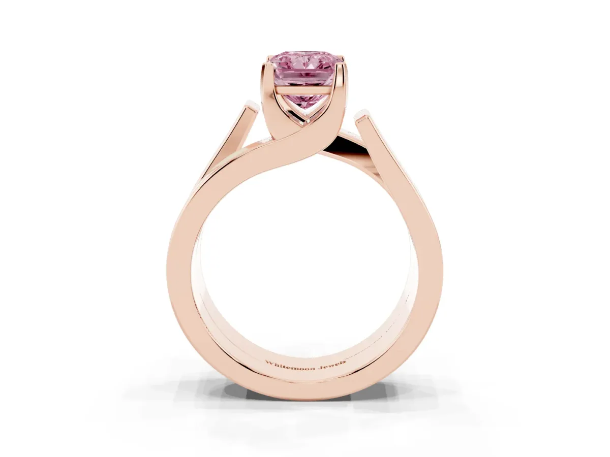 Fancy Pink Modern Tension Set Radiant Cut Diamond Solitaire Wide Band Ring Rose gold